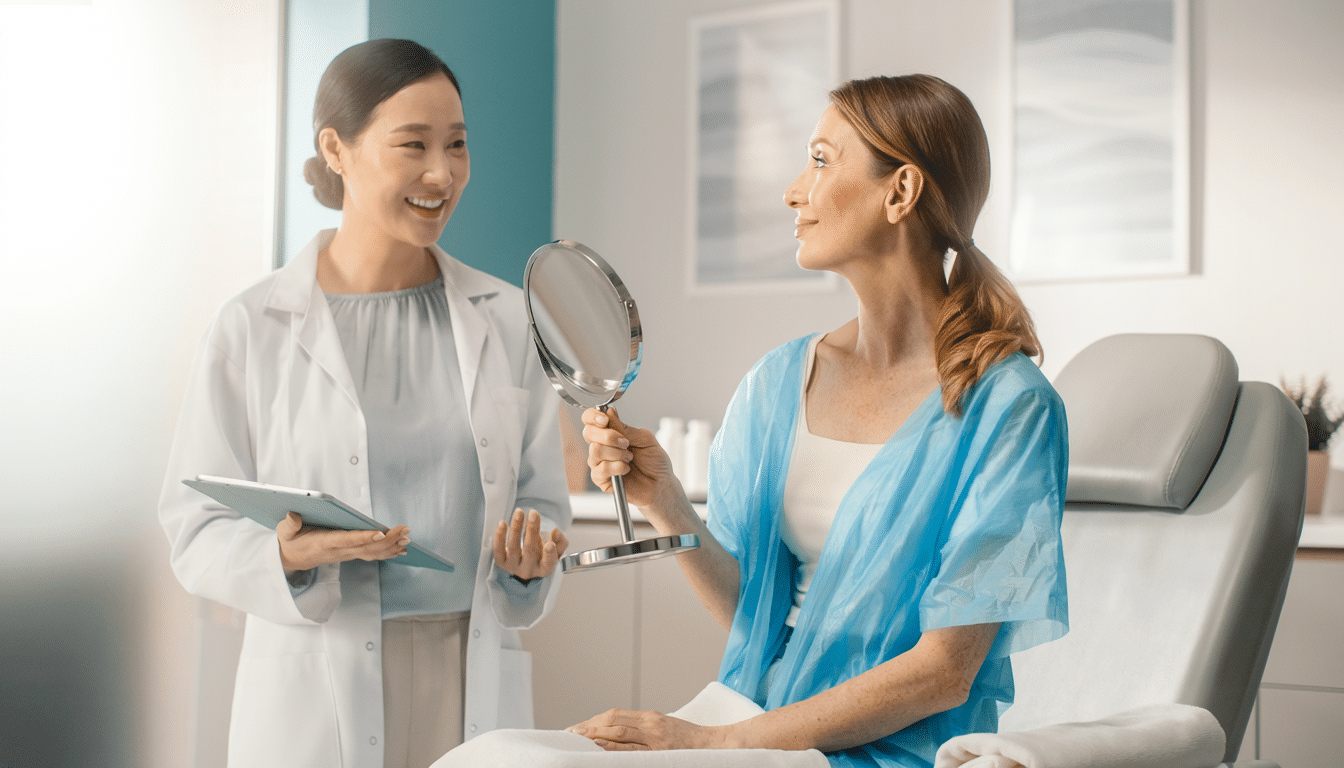plastic surgery patient looking at herself in mirror with surgeon
